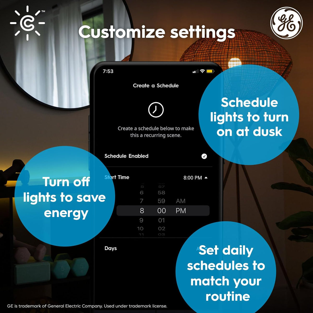 GE  A19 Smart LED Light Bulbs, Color Changing Room Décor, 2 Pack