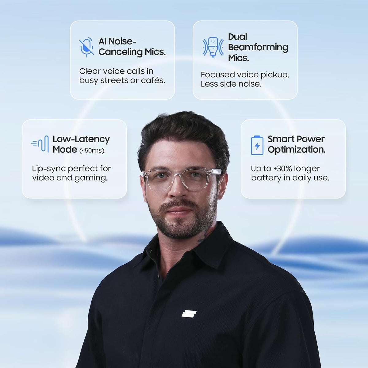AI Smart Glasses, Translator, Open-Ear Bluetooth Audio, White TR90 Frame