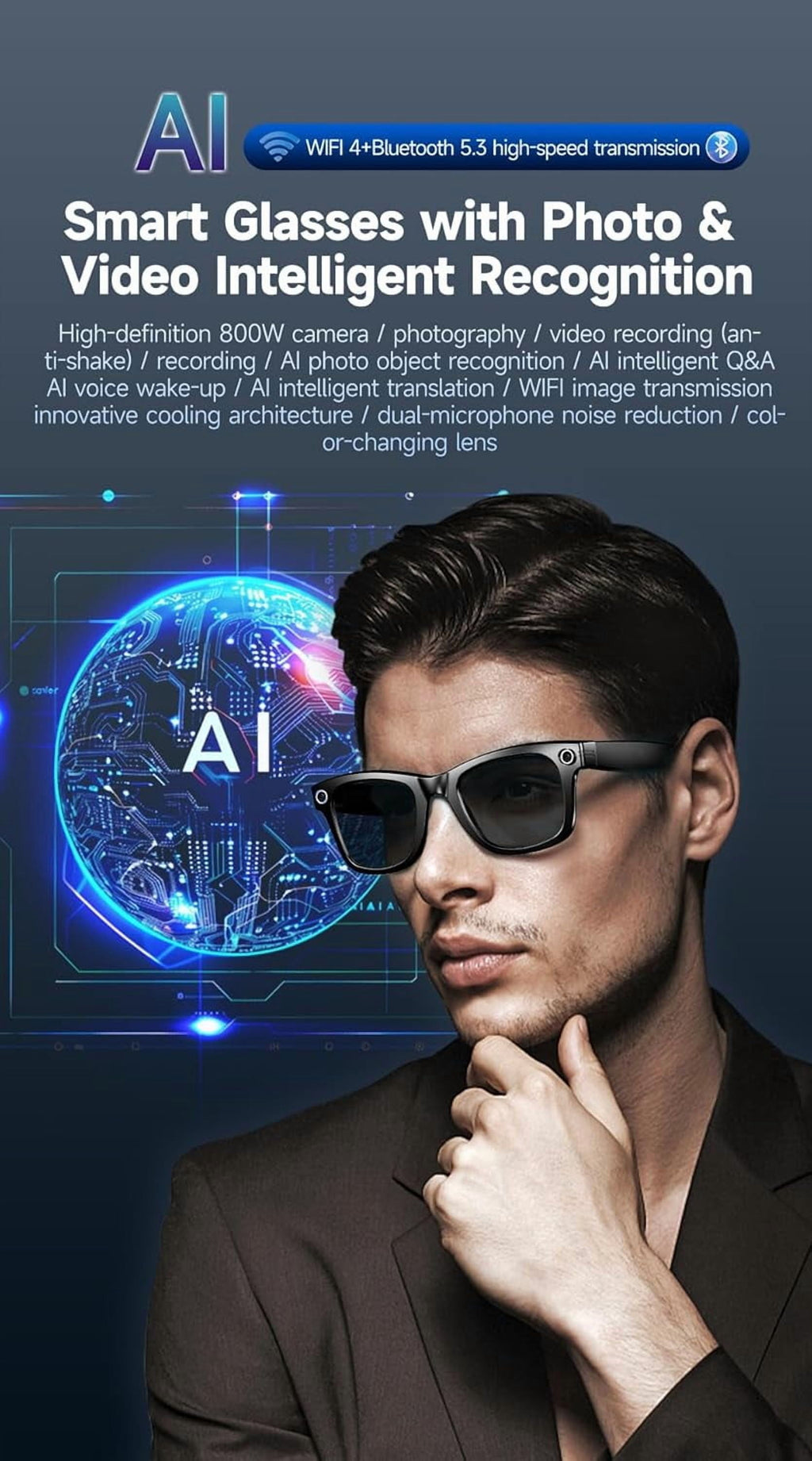 AI Smart Glasses, 800W Camera & 1080P Video, Smart Glasses with Camera and Bluetooth, AI Glasses for Calls & Musi,Uv Protection,Anti-Blue Light Glasses Everyday Wear