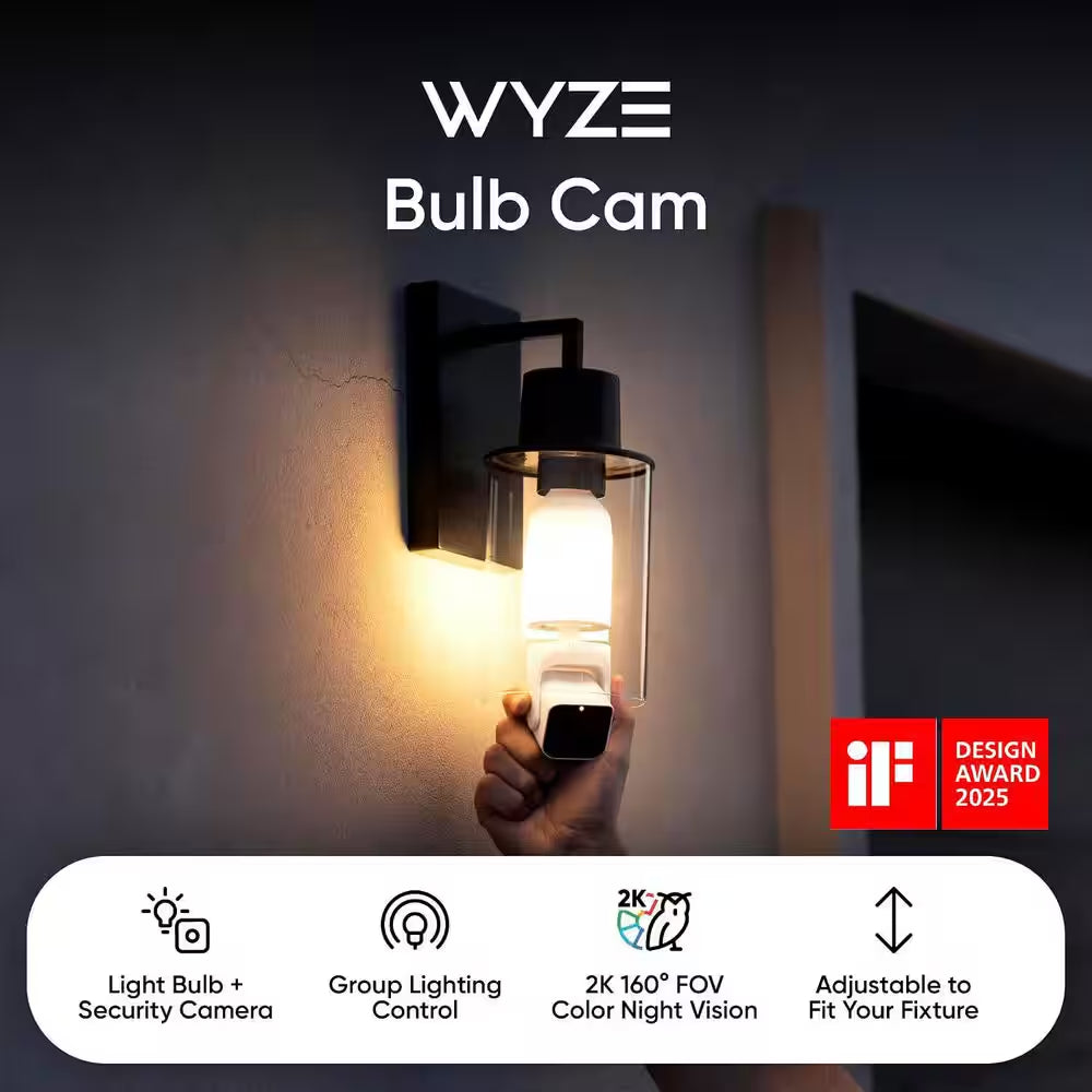 Bulb Cam Plug-In, 2K Wireless HD Security Camera Outdoor Indoor Full Color Day and Night, Dimmable LED Bulb
