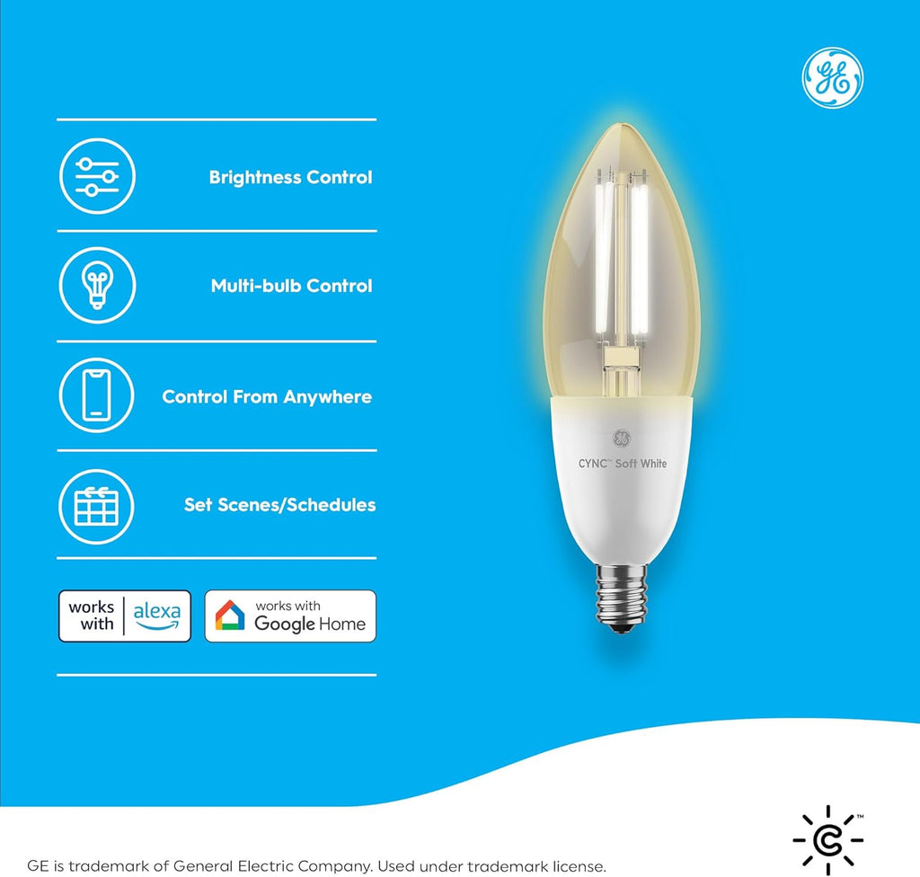 GE  Smart LED Light Bulb, B11 Candle Light Bulb, Works with Amazon Alexa and Google Home, Wifi Light, 60W Equivalent, Soft White, Small Base (Pack of 2)