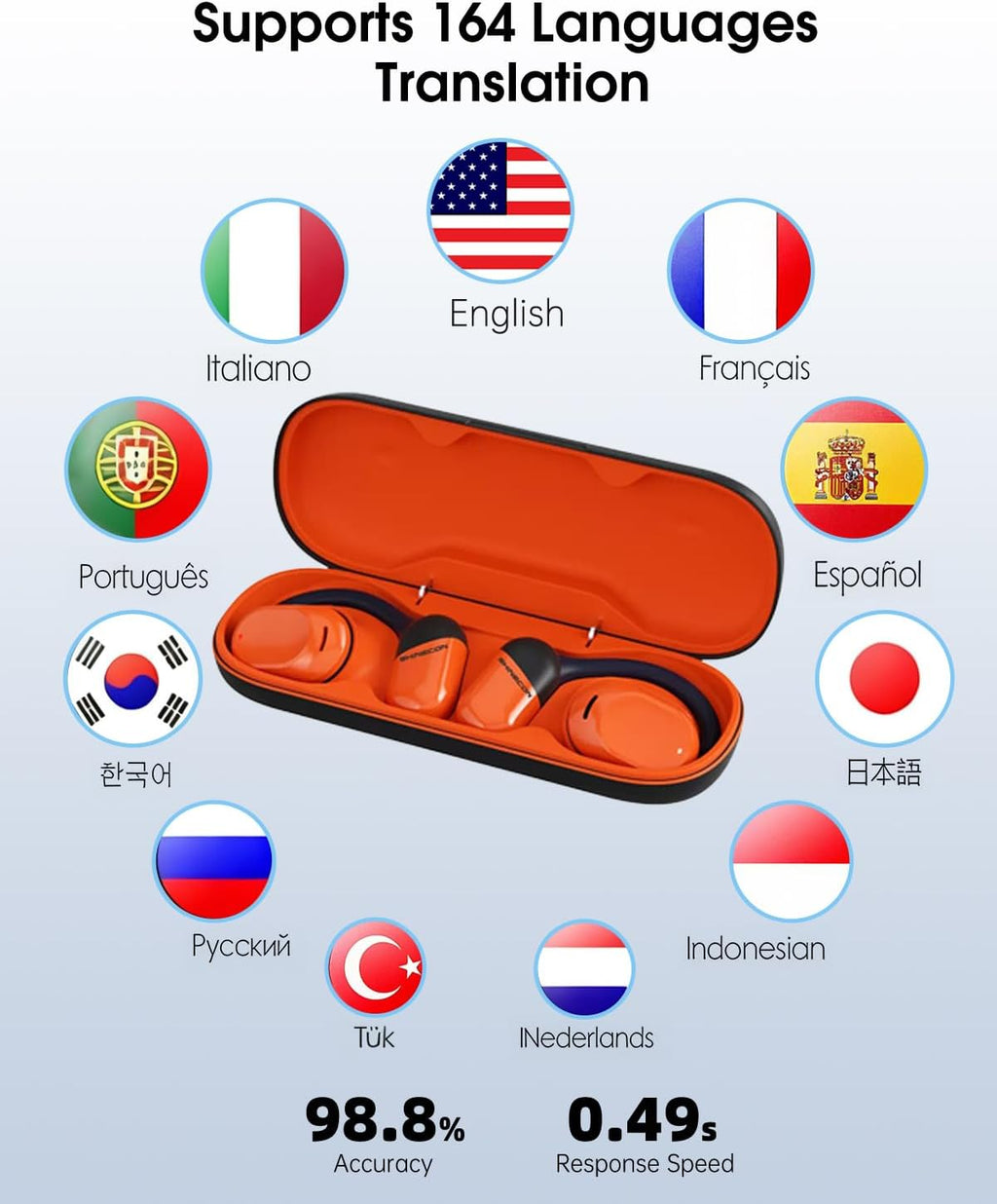 AI Translator Earbuds Real Time - 164 Languages Translation Headphones, Audio and Video Calls Wireless Bluetooth Interpreter Device for Business, Travel, Learning - Orange