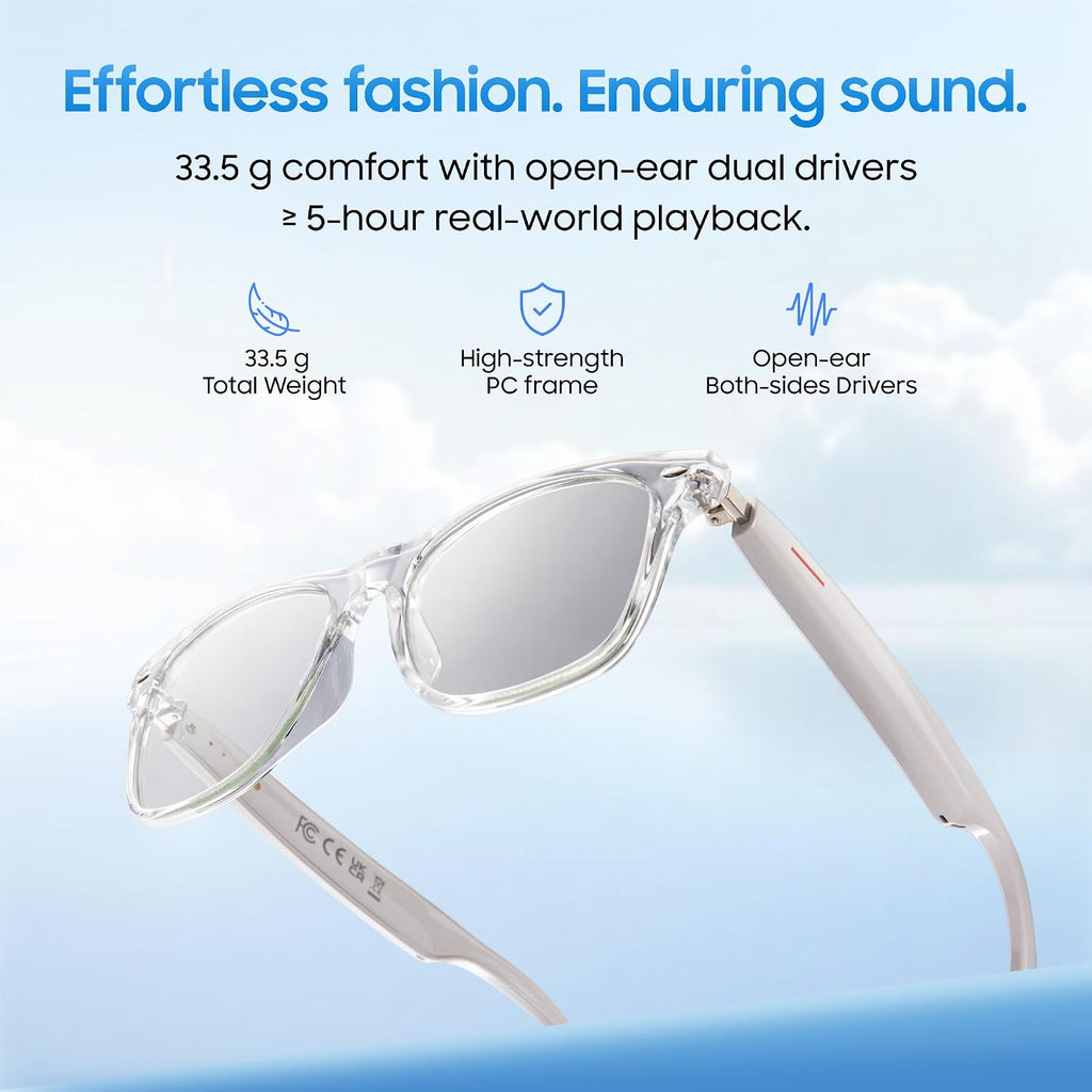 AI Smart Glasses, Translator, Open-Ear Bluetooth Audio, White TR90 Frame