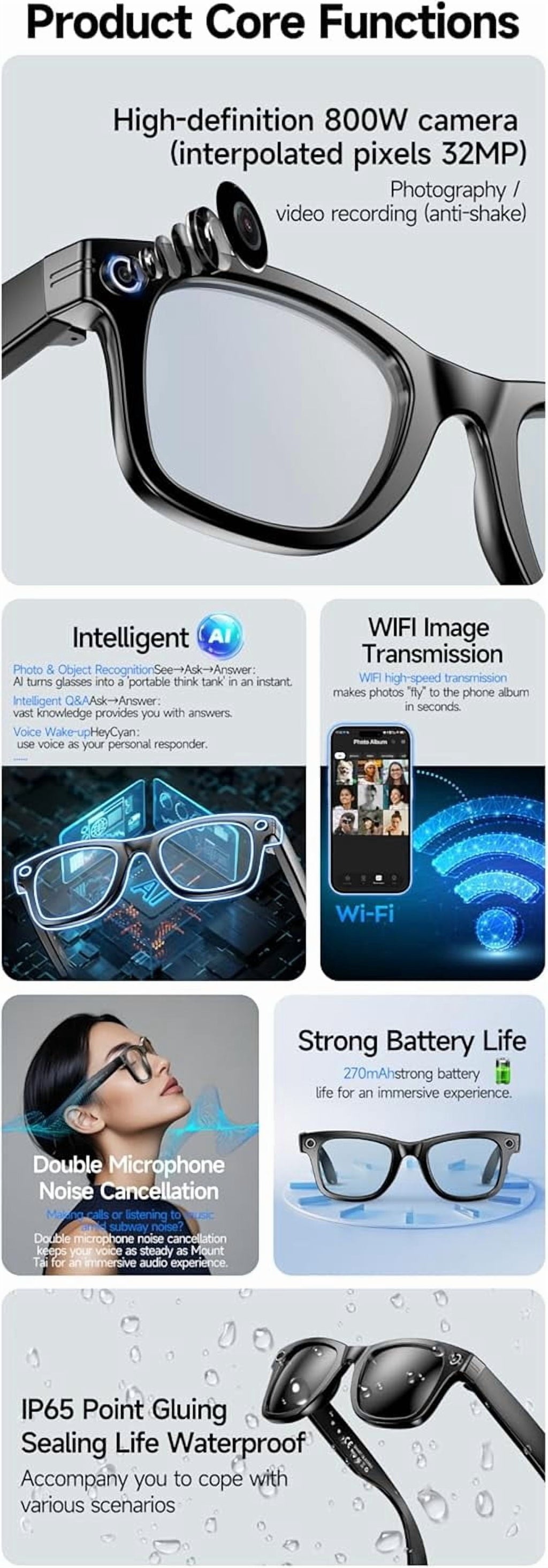 AI Smart Glasses, 800W Camera & 1080P Video, Smart Glasses with Camera and Bluetooth, AI Glasses for Calls & Musi,Uv Protection,Anti-Blue Light Glasses Everyday Wear