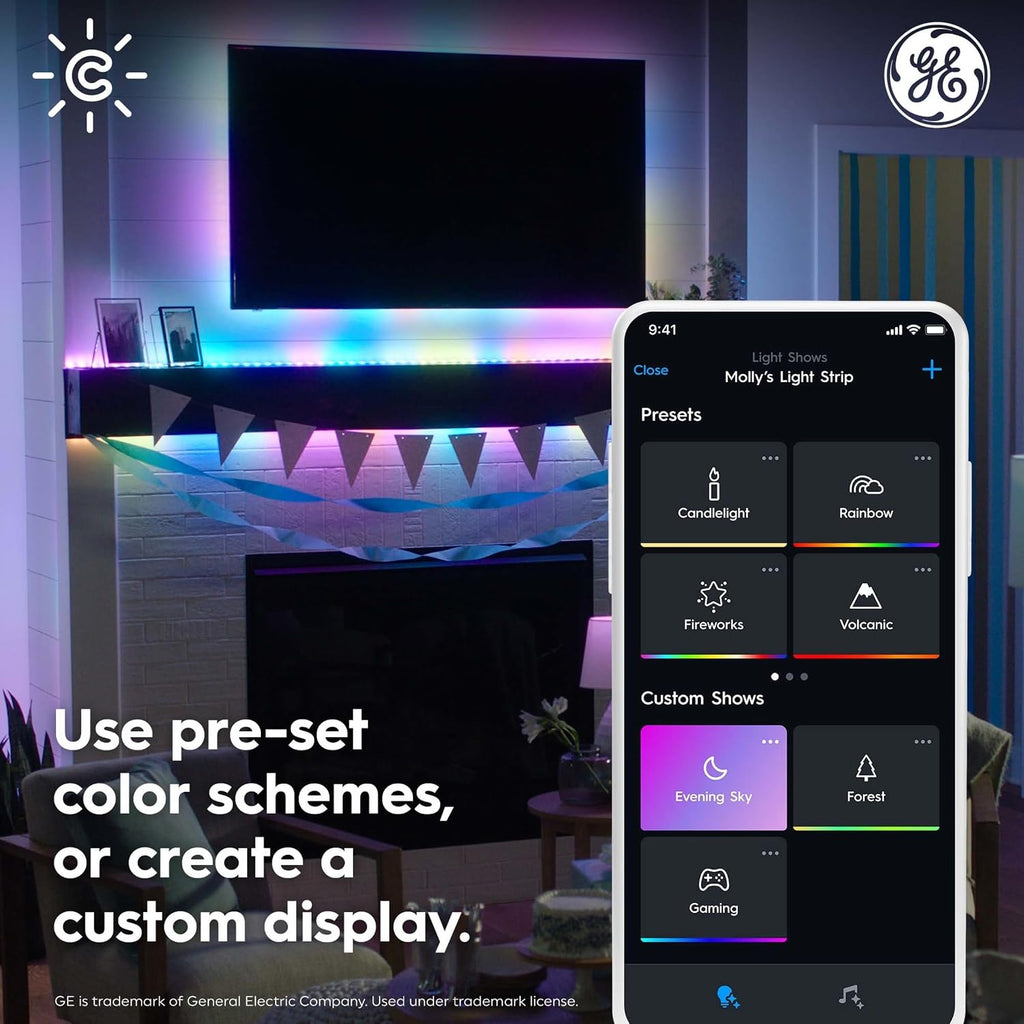 GE Dynamic Effects Smart LED Light Strip with Music Sync, Color Changing Outdoor Light Strip, Compatible with Alexa and Google Home, 32Ft Waterproof Light + Power Supply