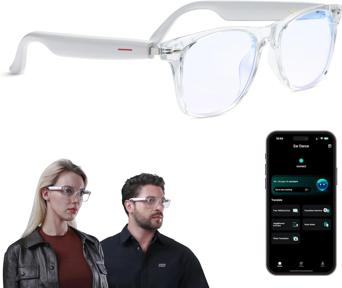 AI Smart Glasses, Translator, Open-Ear Bluetooth Audio, White TR90 Frame