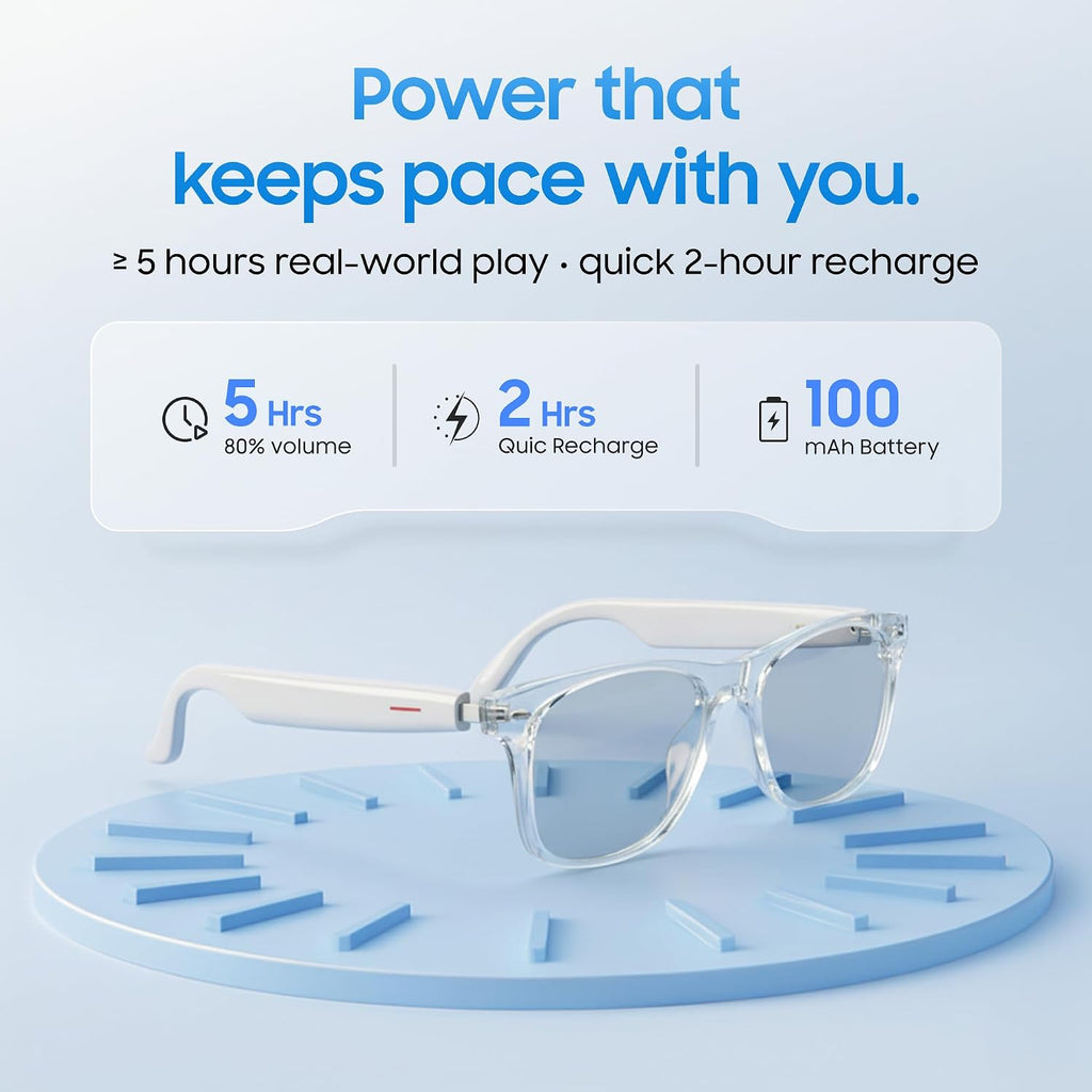 AI Smart Glasses, Translator, Open-Ear Bluetooth Audio, White TR90 Frame