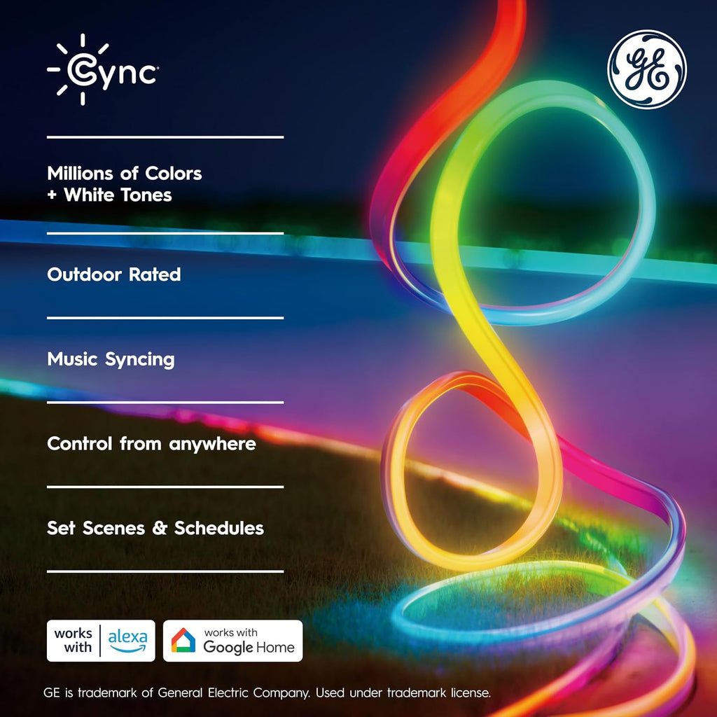 GE Dynamic Effects Smart LED Light Strip with Music Sync, Color Changing Outdoor Light Strip, Compatible with Alexa and Google Home, 32Ft Waterproof Light + Power Supply
