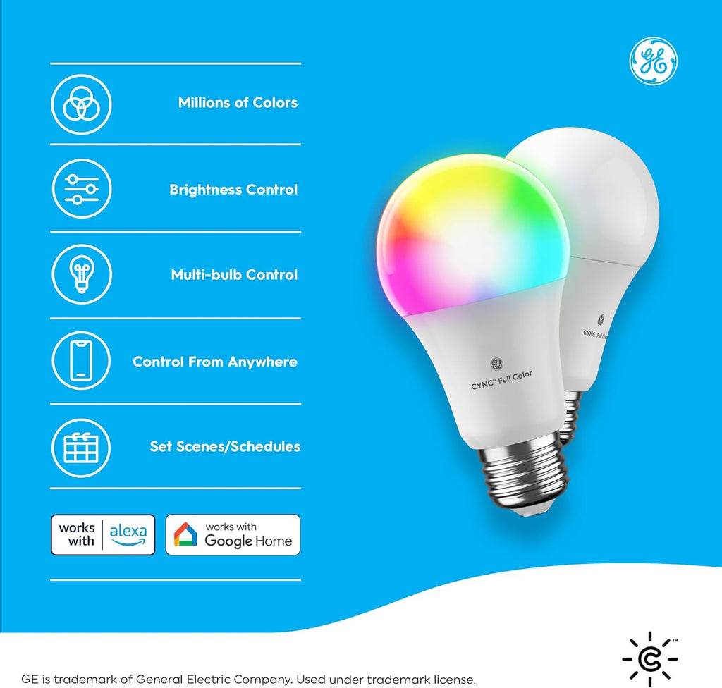 GE  A19 Smart LED Light Bulbs, Color Changing Room Décor, 2 Pack