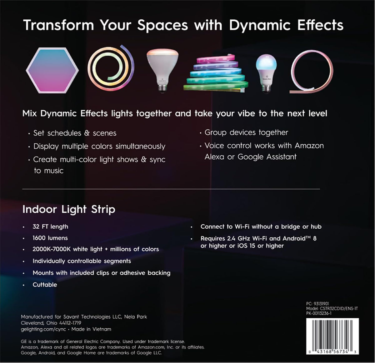GE Dynamic Effects Smart LED Light Strip with Music Sync, Color Changing Wifi Lights, Indoor Light Strip, Compatible with Alexa and Google Home, 32Ft and Power Supply