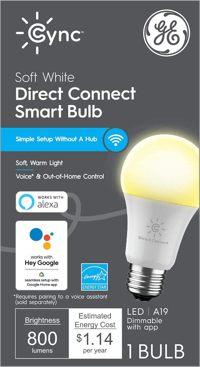 GE Lighting  Smart LED Light Bulb, Soft White, Bluetooth and Wi-Fi Enabled, Alexa and Google Assistant Compatible (1 Pack), Packaging May Vary