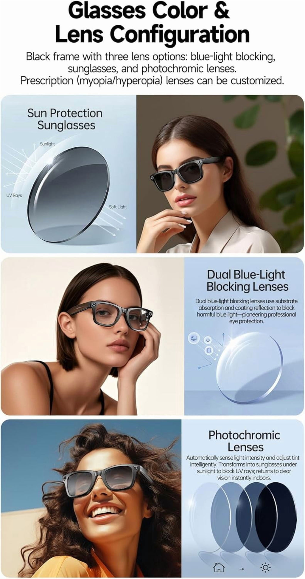 AI Smart Glasses, 800W Camera & 1080P Video, Smart Glasses with Camera and Bluetooth, AI Glasses for Calls & Musi,Uv Protection,Anti-Blue Light Glasses Everyday Wear