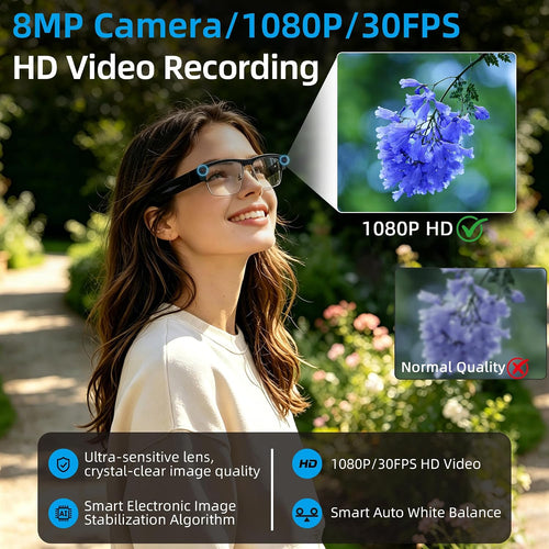 Ai Smart Glasses with Camera and Bluetooth - 8MP HD Video Recording, Real-Time Translation, with Color-Changing Lenses for Travel, Sports, Outdoor Use