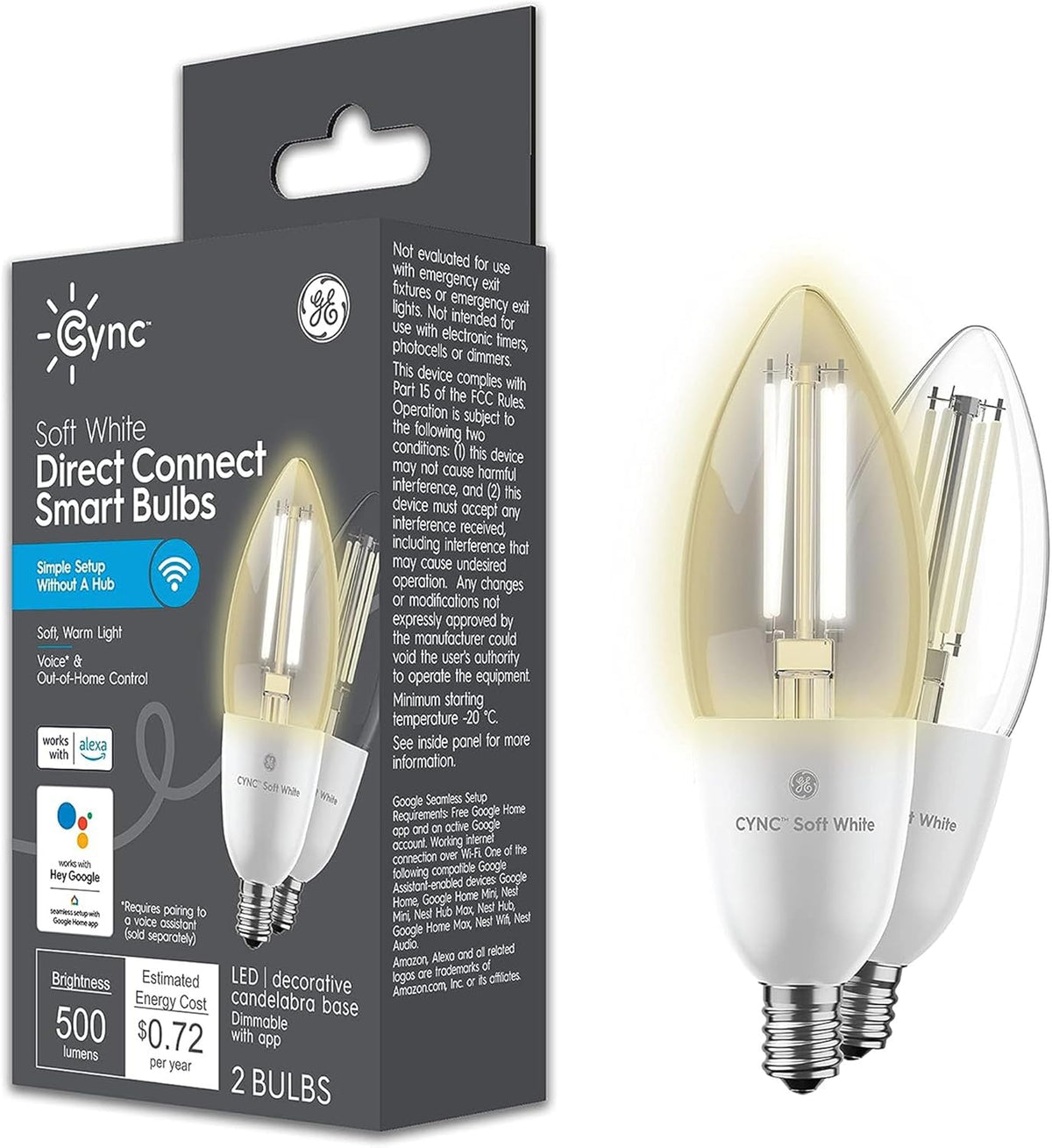 GE  Smart LED Light Bulb, B11 Candle Light Bulb, Works with Amazon Alexa and Google Home, Wifi Light, 60W Equivalent, Soft White, Small Base (Pack of 2)