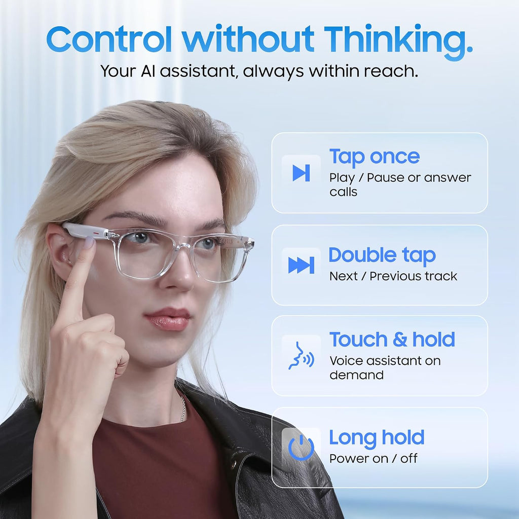 AI Smart Glasses, Translator, Open-Ear Bluetooth Audio, White TR90 Frame