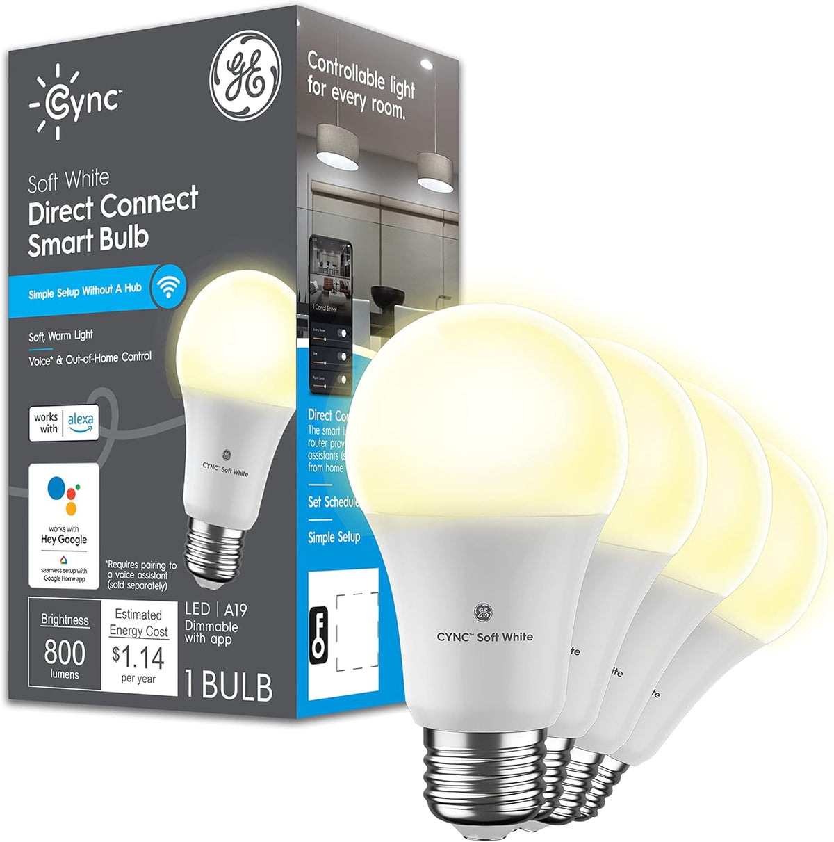 GE  A19 Smart LED Light Bulbs, Bluetooth and Wifi Light