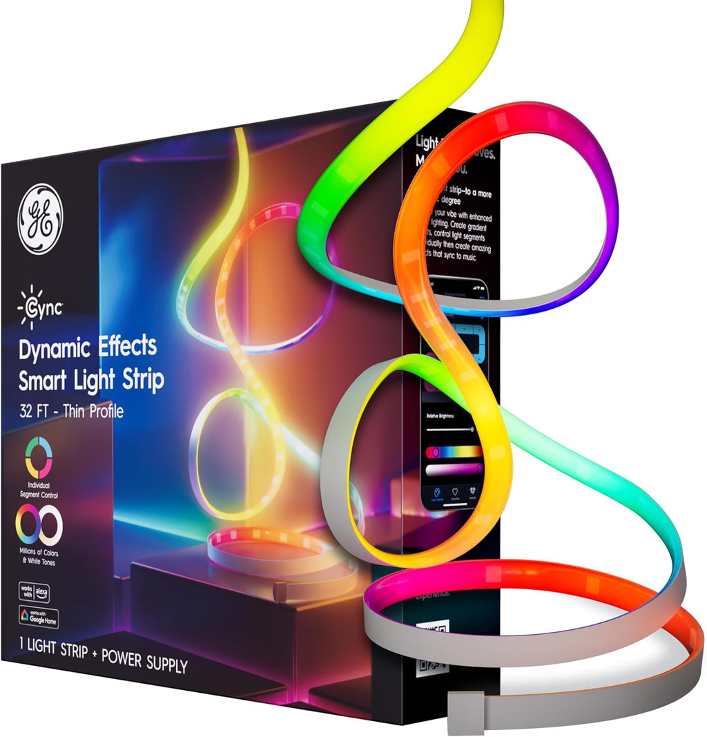 GE Dynamic Effects Smart LED Light Strip with Music Sync, Color Changing Wifi Lights, Indoor Light Strip, Compatible with Alexa and Google Home, 32Ft and Power Supply