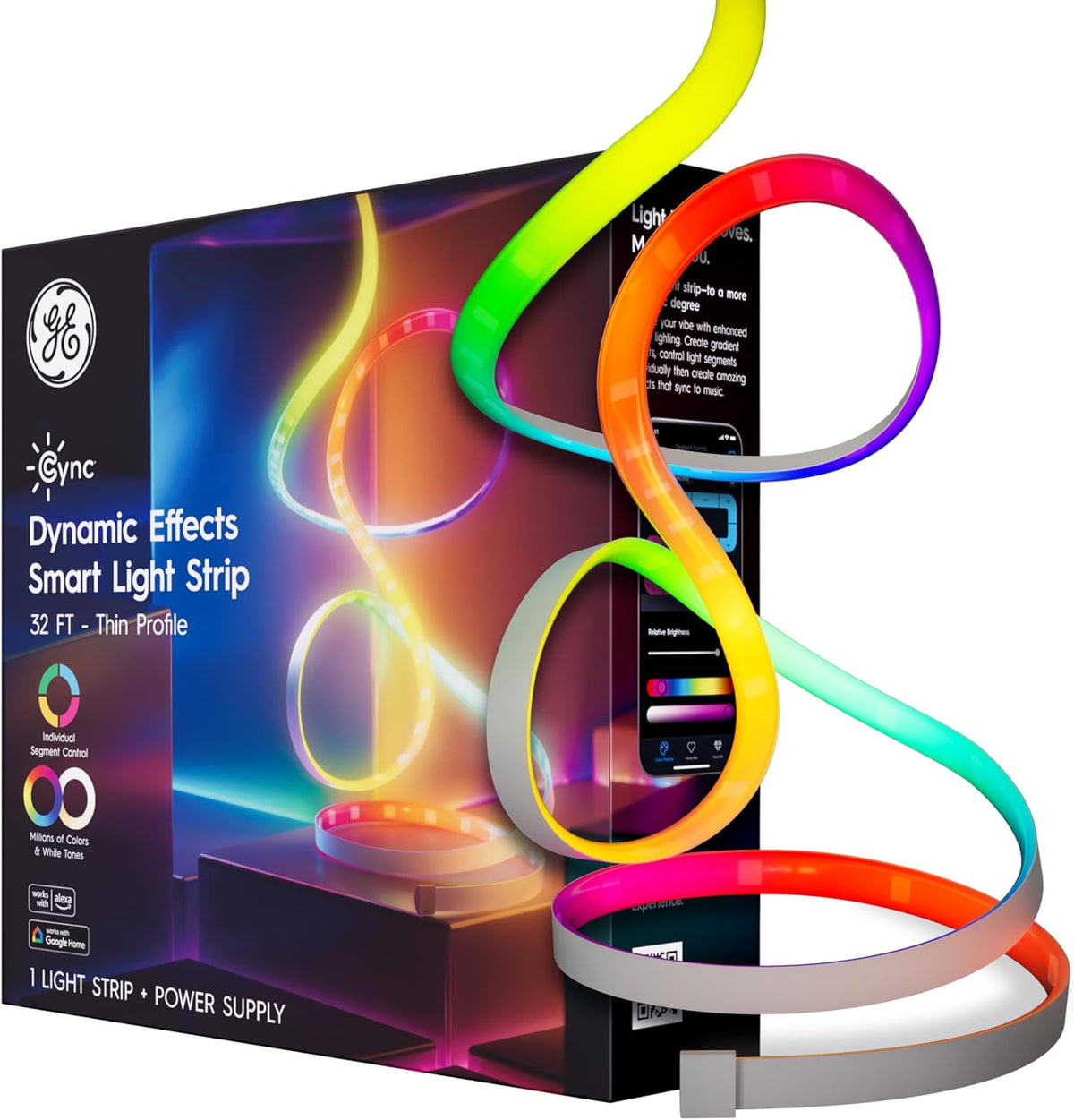 GE Dynamic Effects Smart LED Light Strip with Music Sync, Color Changing Wifi Lights, Indoor Light Strip, Compatible with Alexa and Google Home, 32Ft and Power Supply