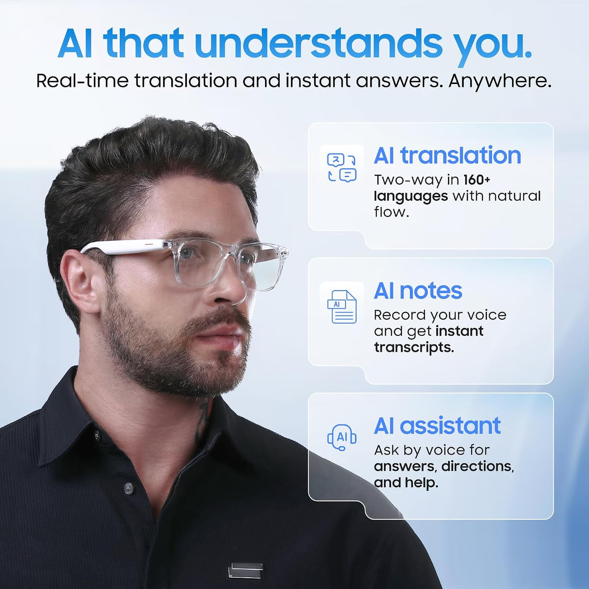 AI Smart Glasses, Translator, Open-Ear Bluetooth Audio, White TR90 Frame