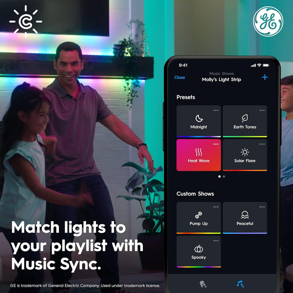 GE Dynamic Effects Smart LED Light Strip with Music Sync, Color Changing Wifi Lights, Indoor Light Strip, Compatible with Alexa and Google Home, 32Ft and Power Supply