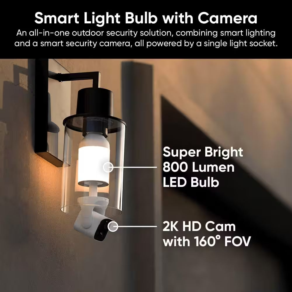 Bulb Cam Plug-In, 2K Wireless HD Security Camera Outdoor Indoor Full Color Day and Night, Dimmable LED Bulb