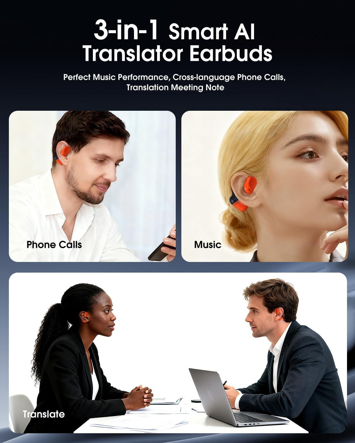 AI Translator Earbuds Real Time - 164 Languages Translation Headphones, Audio and Video Calls Wireless Bluetooth Interpreter Device for Business, Travel, Learning - Orange