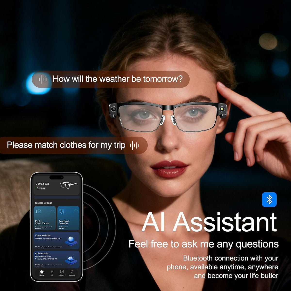 Ai Smart Glasses with Camera and Bluetooth - 8MP HD Video Recording, Real-Time Translation, with Color-Changing Lenses for Travel, Sports, Outdoor Use